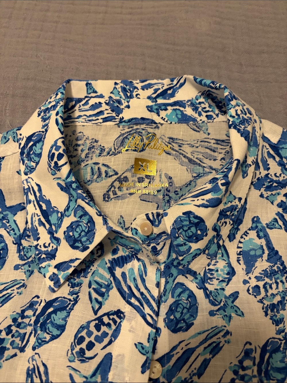 Lilly Pulitzer White Linen Shirt with Blue Shell Print